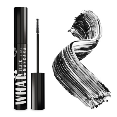 Máscara de pestanas preta WHAT Black Velvet com aplicador e rasto de produto
