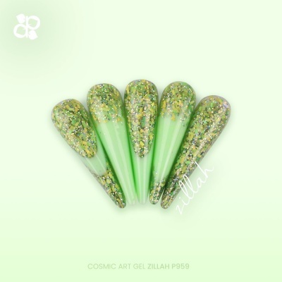 Unhas postiças verdes com glitter dourado e prateado em leque