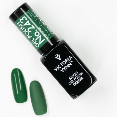 Verniz de unhas Victoria Vy preto com tampa verde e amostras de cores verdes.