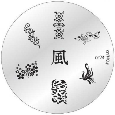 Placa metálica redonda para estampagem de unhas com desenhos decorativos em preto