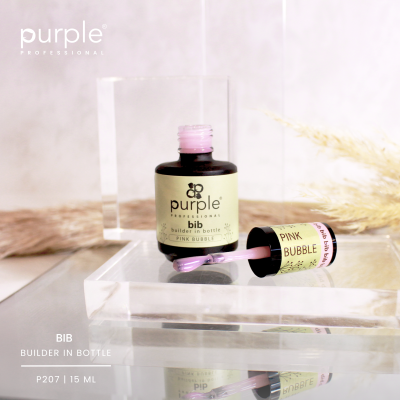 Frasco de verniz de unhas Purple Professional com rótulo amarelo e tampa preta aberto sobre base de acrílico