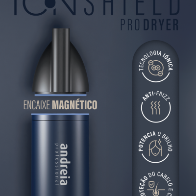 Secador de cabelo azul escuro Andreia Professional com encaixe magnético e texto de características