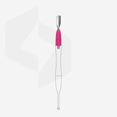 Ferramenta para unhas com ponta metálica e punho cor de rosa e branco.