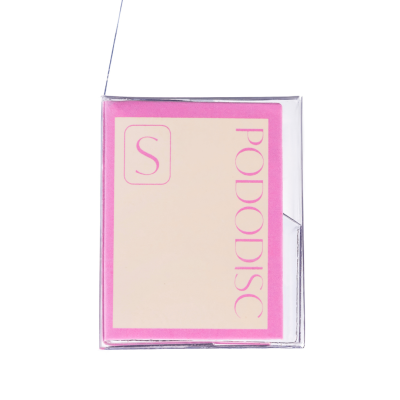 Recipiente transparente com cartão PODODISC S cor-de-rosa e creme