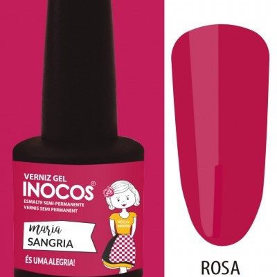 Frasco de verniz gel Inocos Móvia Sangria cor rosa escuro com ilustração feminina no rótulo