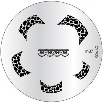 Prato redondo de metal para carimbos de unhas com padrões decorativos pretos de textura tipo pele de animal e padrão de renda