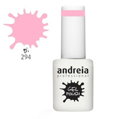 Frasco de verniz de gel Andreia Professional branco com tampa rosa e amostra de cor rosa 294