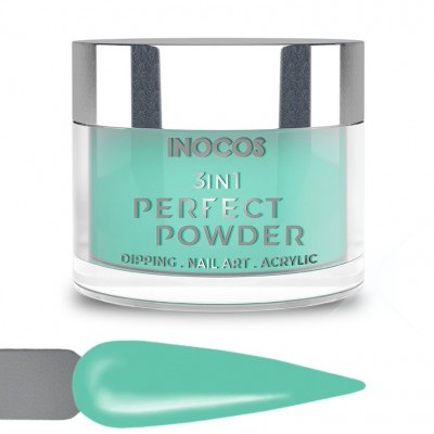 Pote de pó acrílico verde água para unhas INOCOS 3IN1 PERFECT POWDER com tampa prata