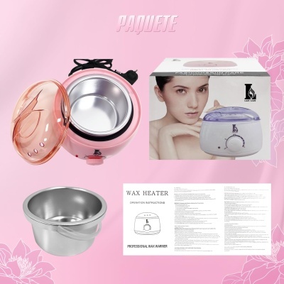 Conjunto para depilação com aquecedor de cera rosa, tampa transparente, recipiente metálico, caixa e instruções.