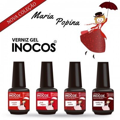 Frascos de verniz gel INOCOS coleção Maria Popina com rótulos vermelhos e ilustração de mulher com vestido e guarda-chuva vermelhos
