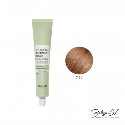 Tubo de coloração de cabelo Andreia Professional e amostra de cor castanho 7.74