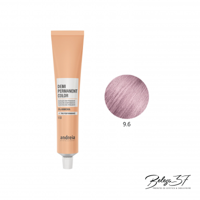 Tubo de coloração capilar demi-permanente e amostra de cor rosa acinzentado 9.6