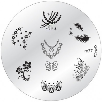 Disco metálico redondo com estampas de unhas em preto e texto 'm77 KONAD'