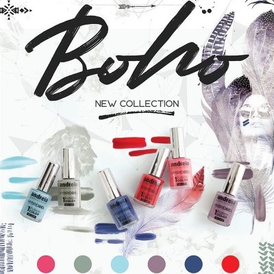 Coleção de vernizes HYBRID GEL Boho em seis cores com fundo decorativo boho