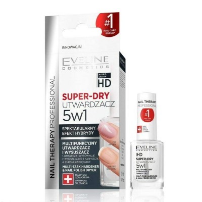 Frasco e embalagem do verniz de unhas Eveline Cosmetics Super-Dry 5w1 com texto em polaco e inglês