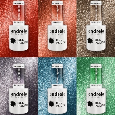 Seis frascos de verniz em gel Andreia Professional com efeito Cat Eye em várias cores brilhantes sobre fundo glitter correspondente.