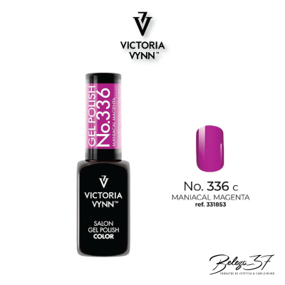 Frasco de verniz em gel Victoria Vynn No. 336 Maniacal Magenta com amostra da cor.