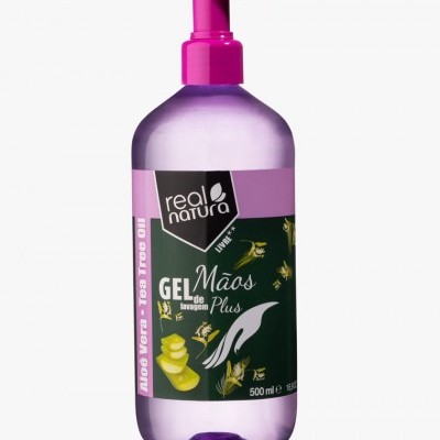 Frasco de gel para mãos Real Natura com tampa rosa e rótulo preto e roxo