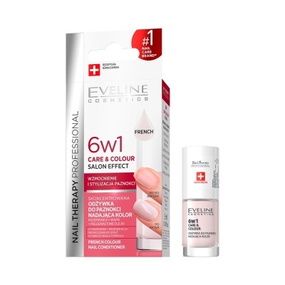 Pacote e frasco de condicionador para unhas Eveline Cosmetics 6w1 com design em branco, vermelho e bege