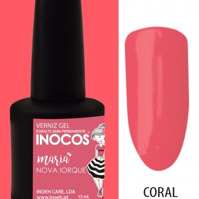 Verniz gel Inocos Coral City em embalagem preta com rótulo coral e amostra da cor