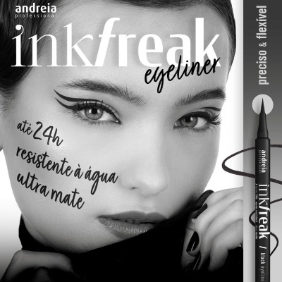 Rosto feminino com eyeliner preto e texto promocional do produto inkfreak eyeliner da andreia professional