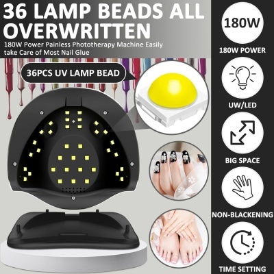 Dispositivo de fototerapia para unhas com 36 lâmpadas UV LED e texto descritivo.