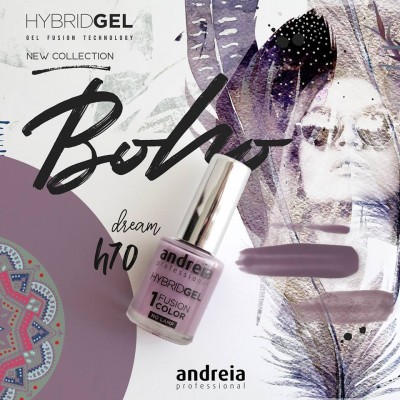 Verniz HybridGel Boho da Andreia Professional cor lilás com fundo artístico e texto