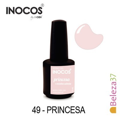Frasco preto de verniz gel INOCOS Princesa com tampa preta e etiqueta rosa claro