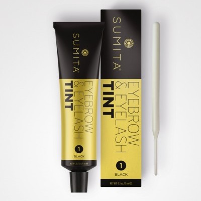 Tubo e caixa de tintura para sobrancelhas e pestanas preta SUMITA com aplicador branco