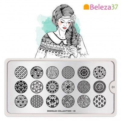 Placa com padrões Doodles Collection e ilustração de mulher com cabelo trançado