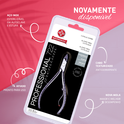Ferramenta de manicure aço inox com cabo preto em embalagem preta e branca sobre fundo rosa e cinzento.