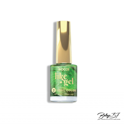 Esmalte de unhas verde cintilante NOCOS like gel Long Color nº 2 com tampa dourada.