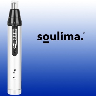 Aparelho elétrico pessoal branco e preto com texto 'Kemei' e logótipo 'soulima.' em fundo azul