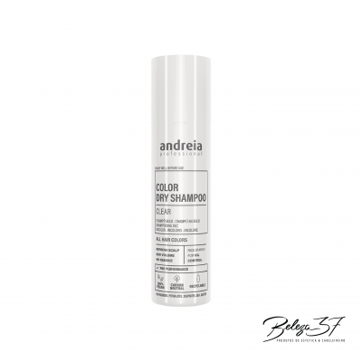Spray de champô seco Andreia Professional branco com texto preto em fundo branco