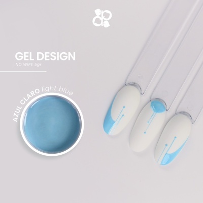 Gel para unhas azul claro em recipiente redondo com amostras de unhas decoradas