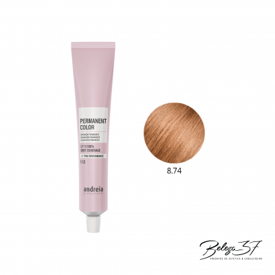 Tube de coloração capilar permanente Andreia Professional cor 8.74 e amostra da cor castanho claro dourado