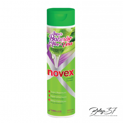 Frasco de champô Novex Super Babosão Aloe Vera 300 ml com tampa verde e rótulo colorido