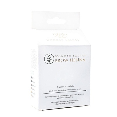 Caixa branca do produto Wonder Lashes Brow Henna com texto e logotipo