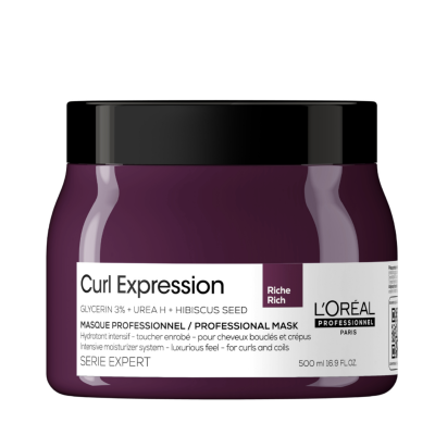 Pote roxo escuro com tampa preta de máscara profissional L'Oréal Curl Expression