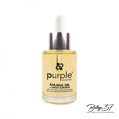 Frasco de óleo para unhas SPA NAIL OIL SWEET ALMONDS da Purple Professional com conta-gotas e fundo branco