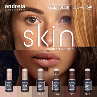 Seis frascos de verniz gel Andreia Skin Limited Edition numerados SK1 a SK6 exibidos com rostos femininos ao fundo.