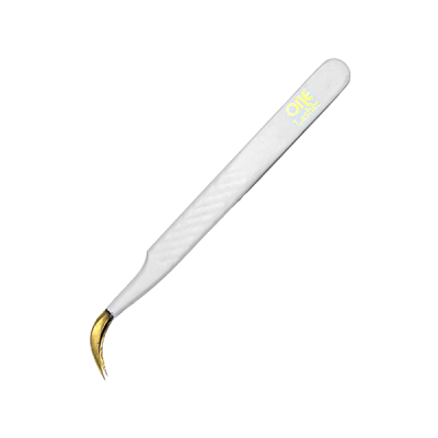 Pinça para pestanas branca com ponta dourada curva