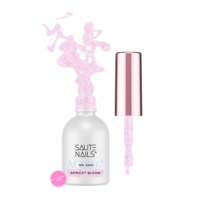 Esmalte Saute Nails Apricot Bloom rosa com brilho, frasco e pincel