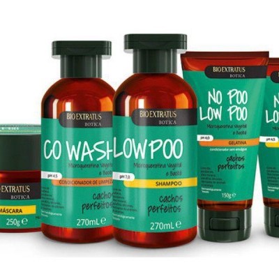 Conjunto de produtos para cabelo Bio Extratus Botica com shampoo, condicionador, máscara e tratamentos No Poo e Low Poo.