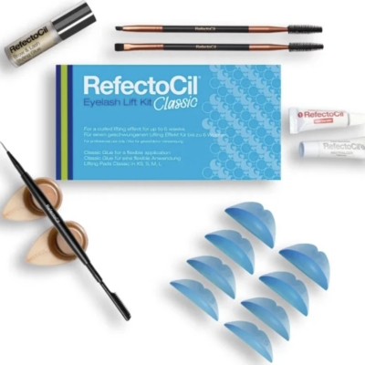 Kit RefectoCil com caixa azul, pincéis, suportes azuis de silicone e géis para pestanas