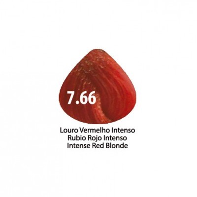 Amostra de cor de cabelo vermelho intenso 7.66 com texto multilingue