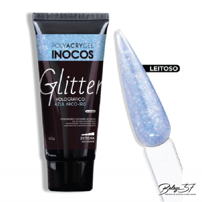 Produto cosmético Inocos Polyacrygel Glitter Azul Arco-Íris e amostra do gel leitoso com glitter