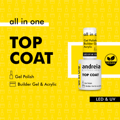 Frasco de verniz Top Coat andreia professional com texto e fundo amarelo