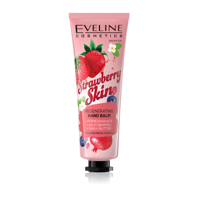 Creme regenerador para mãos Eveline Cosmetics Strawberry Skin em tubo rosa com imagens de morangos e bagas.