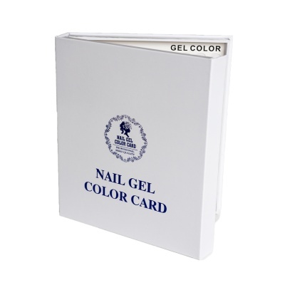 Cartão branco de cores para verniz gel de unhas com texto azul.